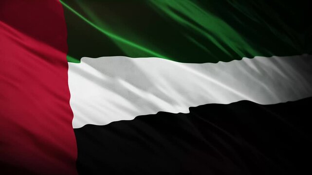United Arab Emirates National Flag Waving in Wind Close Up Red Green White Black UAE Country Banner Fabric Texture Loop