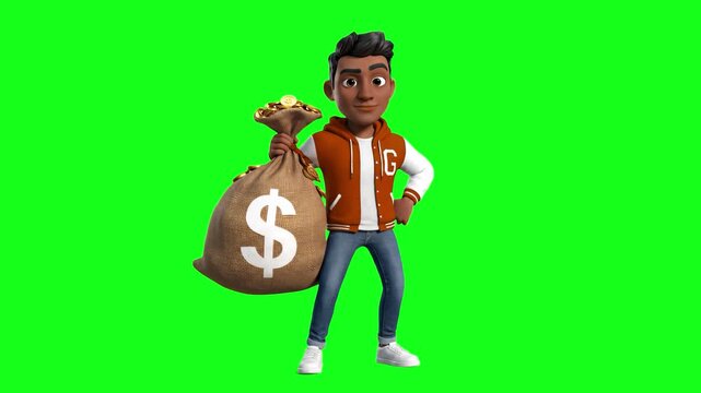 An animated black youth in a brown letterman jacket dancing and holding a large sack of money. Set on a green screen, this 3D character is ideal for youth finance, winning, or gaming reward content.