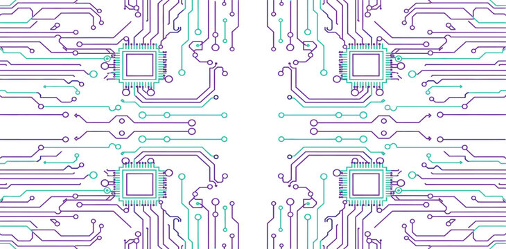 Multicolored circuit board design with intricate patterns and lines on white background
