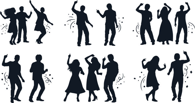 Silhouettes of people dancing and celebrating at party with confetti.