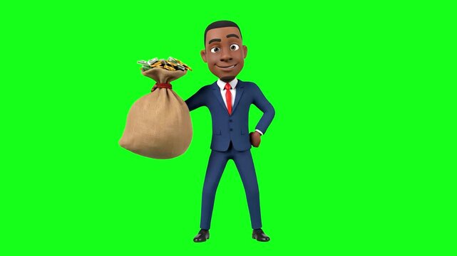 A professional 3D animated character in a blue suit and red tie holding a large burlap sack filled with cash. Isolated on a chroma key green screen, this asset is perfect for finance, banking, and inv