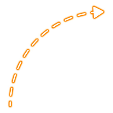 Orange glowing neon arrow with a curved dashed line path showing a direction for design and web navigation