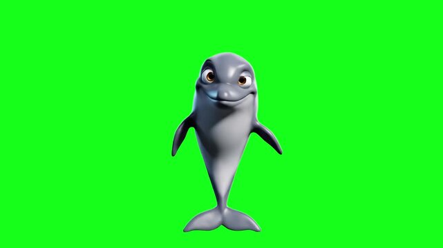A friendly, stylized 3D animated dolphin shown from the front with a cheerful expression. The backdrop is a solid, flat chroma key green, making it simple to composite the character into underwater sc