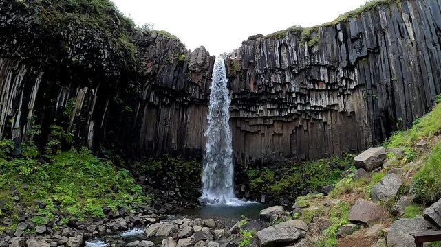 Close-up of Svartifoss waterfall with hexagonal basalt columns, Iceland