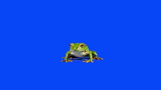 A detailed 3D animated green frog leaping forward. This realistic animal action asset on a solid blue screen background is perfect for nature documentaries, biology lessons, and professional video com