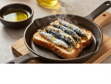 Grilled sardines on toast in cast iron pan on board