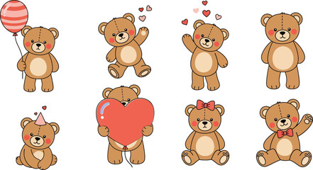 Obraz premium Cute brown teddy bears with hearts and balloons in various poses and expressions on white background for valentine s day