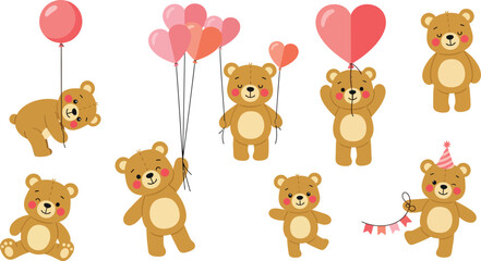 Obraz premium Adorable cartoon bears holding heart shaped balloons on white background for valentine s day or love themed designs and projects