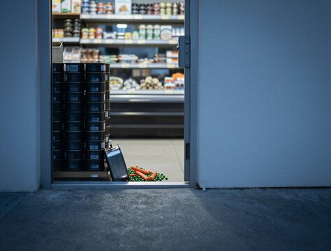 Grocery back door ajar revealing fallen produce in store doorway