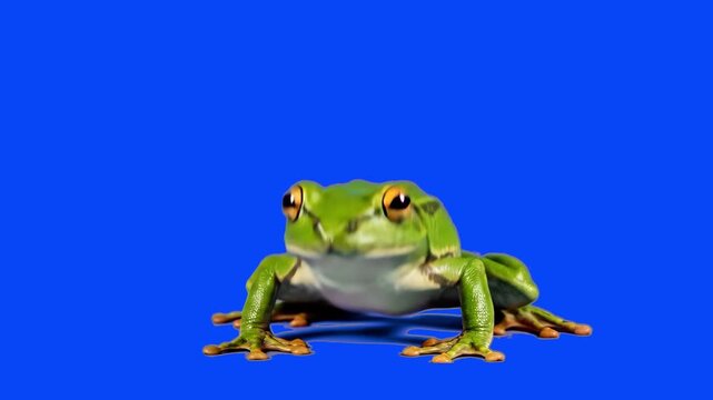 A detailed 3D animated green tree frog performing a jump. This high-quality animal action asset on a blue background is designed for compositing into nature documentaries, educational videos, or creat