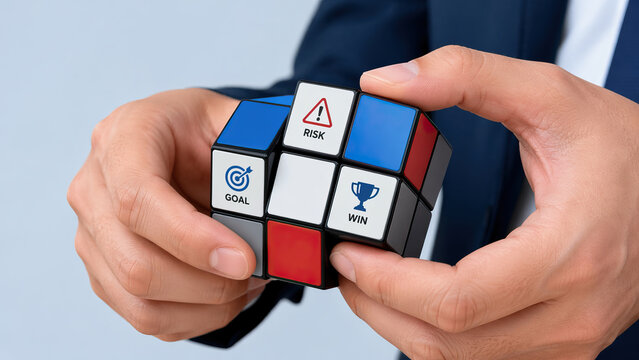 Businessman holding puzzle cube with risk goal and win icons, concept of strategy and decision making, close up of hands solving game with blue red and white colors