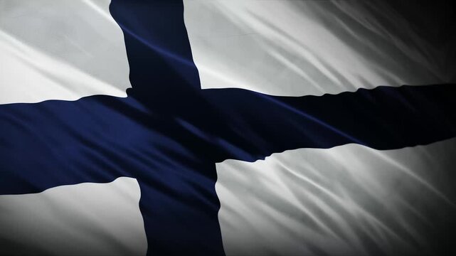 Finland National Flag Waving in Wind Close Up White Background Blue Nordic Cross Finnish Country Banner Fabric Texture Loop