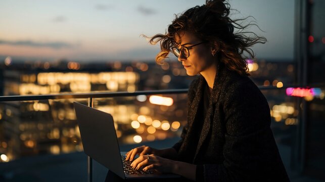 Woman working on laptop at dusk with city lights background