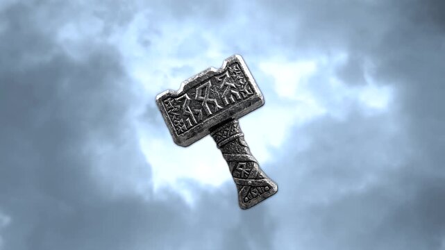 A detailed 3D model of a mythical Nordic hammer with intricate engravings, shown against a dark and dramatic background of thunderclouds and lightning atmosphere. This legendary weapon asset is perfec