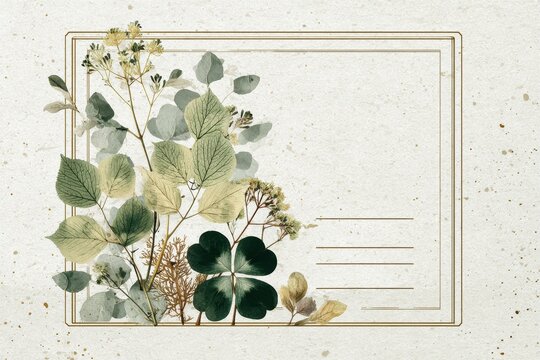 Watercolor herbarium frame with birch leaves, clover and woodland flowers on textured paper