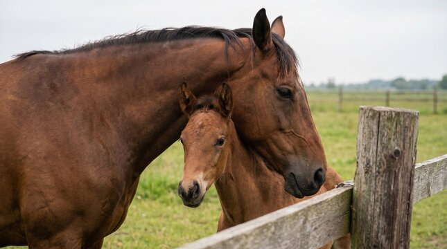 Horse placing head over foal guarding instinct emotional frame