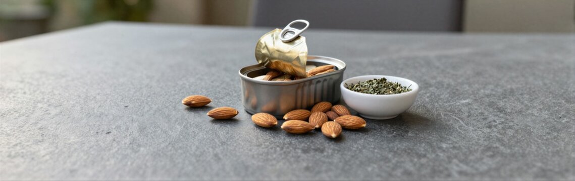 Open fish tin with almonds and herbs on stone countertop