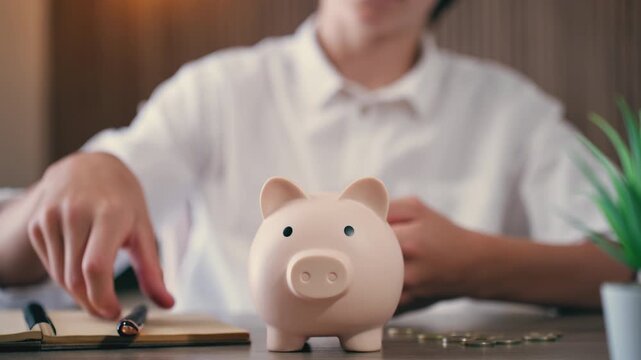 Focused young person carefully placing coins into piggy bank and then diligently writing down calculations in notebook, managing personal finances and planning budget for future savings