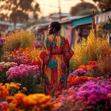 Kenyan woman in colorful kitenge fabric walking through vibrant flower market at sunrise on summer solstice