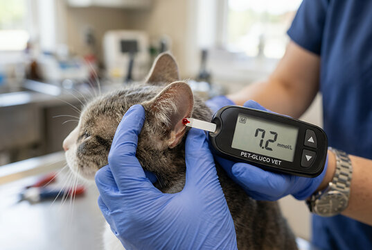 Veterinarian checking blood glucose level of domestic cat with pet glucometer pressing test strip to tiny drop of blood on ear margin in vet clinic. Feline Diabetes treatment and symptoms. Copy-space.