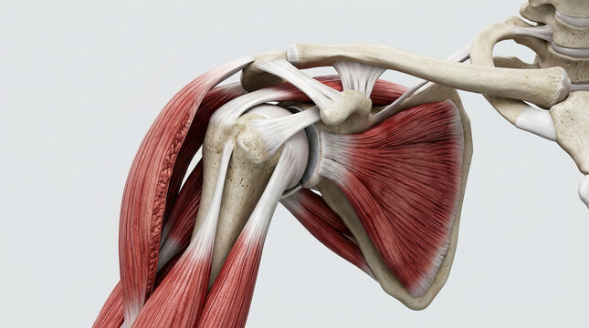 Rotator cuff muscle and shoulder joint anatomy showing scapula, humerus, tendons and deltoid muscle with detailed fibers and connective tissue in clinical anatomical view
