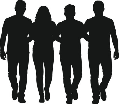 Four friends walking together arm in arm outdoors, group of people.