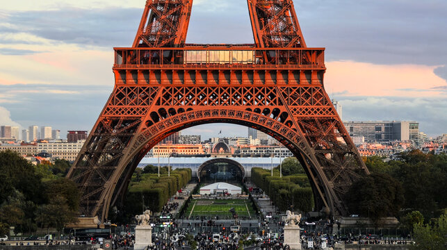 The majestic Eiffel Tower glowing in the warm light of sunset