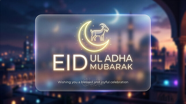 Eid ul adha Mubarak Glass greetings with moon and goat, bakra eid greetings,