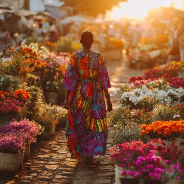 Kenyan woman in colorful kitenge strolling through flower market at sunrise on summer solstice
