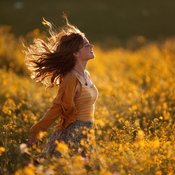 Joyful teenage girl with autism stimming in a field of wildflowers at golden hour