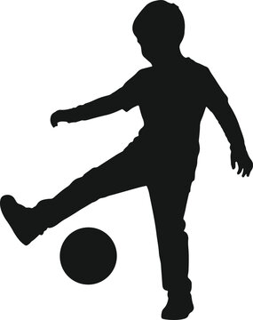 Boy silhouette kicking soccer ball on transparent background active child playing football.