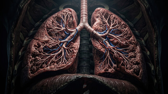 Human lung anatomy close up showing detailed bronchial tree, pulmonary artery and vein network, alveoli texture, trachea and rib cage with dramatic lighting and clinical realism