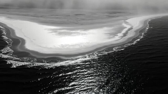 Dramatic aerial view of a coastline at dawn with dark sea and misty sky in black and white