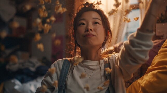 Young woman throwing popcorn in the air