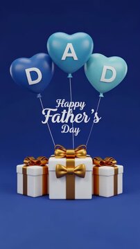 Father's day celebration with heartshaped balloons spelling dad and wrapped gift boxes with golden bows on a blue background