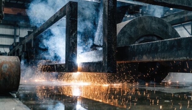 Close view of submerged arc welding process on heavyduty steel frames with jig fixtures securing the wheel loader structure for accuracy.
