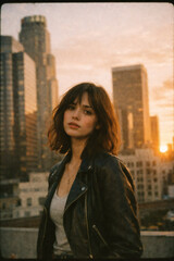Fototapeta premium Young Woman on City Rooftop at Sunset with Urban Skyline Background Light