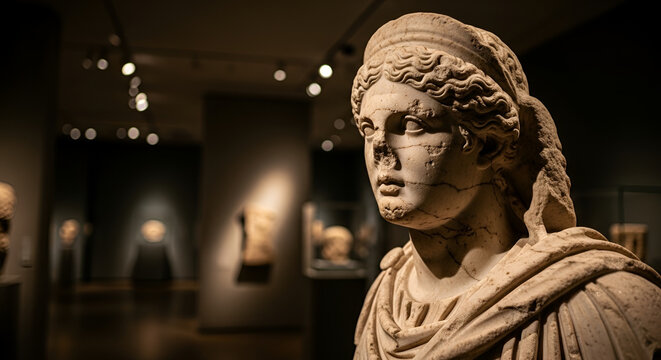 Ancient marble bust of a Roman woman in a museum setting with dramatic lighting