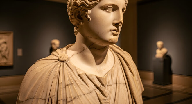 Ancient marble bust of a woman in a museum exhibition detailed carving