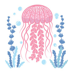 Stylized illustration of pink jellyfish with blue seaweed and bubbles. Perfect for banners, cards, invitations, stickers and kids decor. © Alena