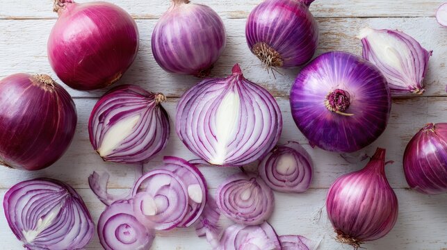 Overhead still-life of purple onions, whole and cut, showcasing translucent layers