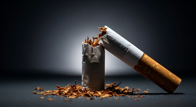 Broken cigarette with scattered tobacco on a dark moody abstract background representing smoking cessation