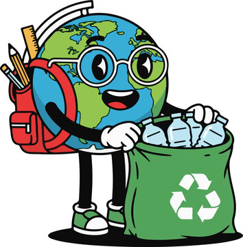 Cartoon Earth Globe Character Recycling Plastic Bottles Vector
