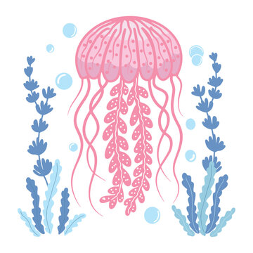 Stylized illustration of pink jellyfish with blue seaweed and bubbles. Perfect for banners, cards, invitations, stickers and kids decor.