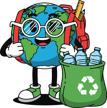 Cartoon Earth Globe Character Recycling Plastic Bottles Vector