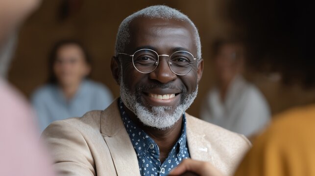 Warm Smile: A close-up portrait showcases a mature, charismatic man wearing glasses, radiating warmth and sincerity as he smiles at the viewer, set in an inclusive gathering environment.