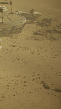 A futuristic structure is set on Mars surface with dusty ground and scattered rocks. Machines and equipment are visible, indicating human activity and exploration on this planet.