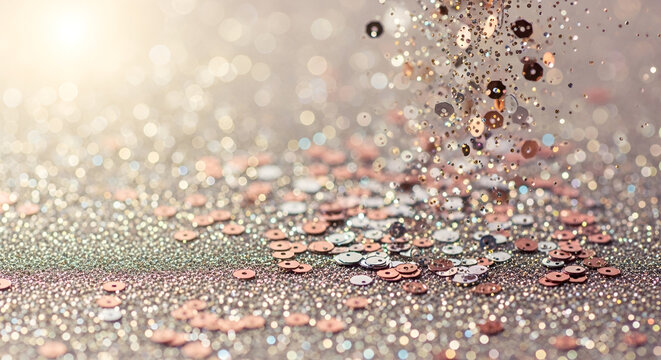 Close-up macro shot of scattered glitter sequins and confetti in rose gold and silver tones creating a festive abstract background