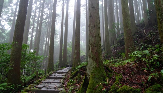 霧に包まれた神秘的な杉林と石畳の道 / Mysterious cedar forest with a stone path in the mist (Generative AI)