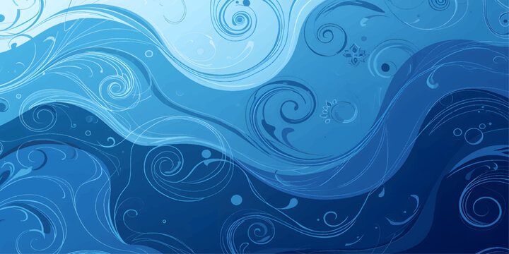 Seamless vector illustration featuring an abstract blue water wave design with floral swirls and sea splash patterns for a nature-inspired ocean backdrop or winter wallpaper element